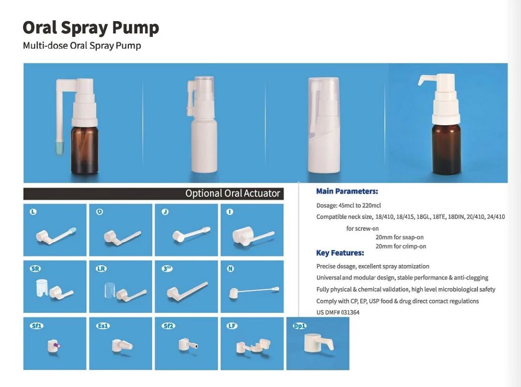 HDPE Liquid Bottles/Nasal Spray Pump/Oral Spray Pump/Topical Spray Pump/Ear Spray Pump/Closures/Dose Inhaler